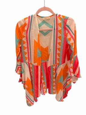 Flamingo Urban Geometric Print Open Front Kimono - Orange, Pink & Teal